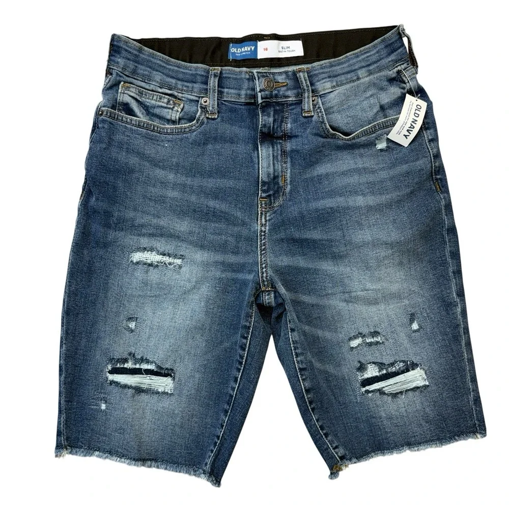 Old Navy Girls Jean Shorts 16 Slim Stretch Raw Hem Bermuda High Rise Distressed